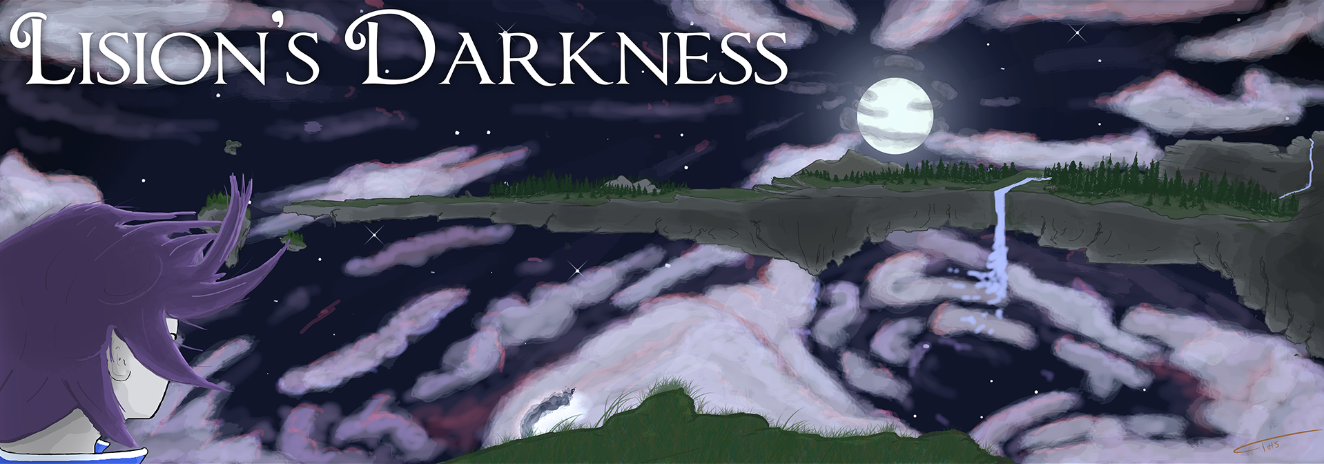 Lision's Darkness Game Banner of young man overlooking a cliff facing the moon